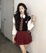 韩系辣妹学院风jk制服，套装女装春季领带，衬衫针织马甲半身裙三件套