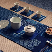 蓝色红色棉麻拼布印花茶席布艺，桌旗茶布茶，杯垫禅意中式复古民族风