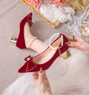 结婚鞋女红色孕妇新娘鞋中式秀禾婚纱两穿礼服高跟鞋水钻蝴蝶结鞋