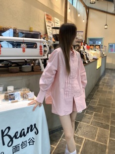 大美自制小个子粉色衬衫，套装少女感纯棉，褶皱衬衫+短裤两件套女