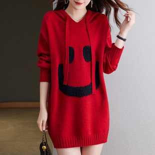 连帽红色中长款羊毛衫包臀连衣裙加厚针织羊绒宽松女装毛衣打底衫