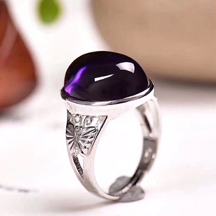 气质宝石天然紫水晶，戒指女s925纯银紫色素面，蛋面原石活口戒子