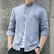 唐装衬衫男长袖中国风潮，韩版修身复古中山装圆无立领简约时尚衬衣