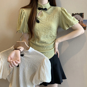 新中式国风盘扣短袖T恤女夏季韩版修身显瘦收腰半高领泡泡袖上衣