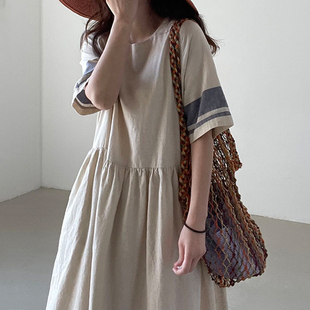 韩国chic夏季复古圆领，拼接撞色设计宽松五分，袖大摆型连衣裙长裙女