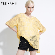 YUESPACE蕾丝衫镂空圆领短袖小衫女士夏季时尚前短后长套头衫T恤