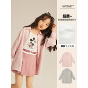 amybaby女童衬衫，2024儿童洋气时髦条纹长袖韩版外套上衣