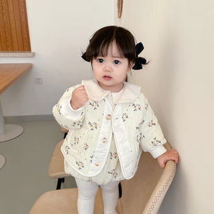 ins韩国套装女宝宝夹棉碎花棉服外套婴儿背带哈衣冬季外出两件套