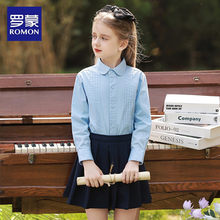 罗蒙女童纯棉白色长袖衬衫，中小学生春夏季蓝色，演出学院风衬衣套装