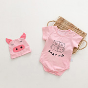 网红宝宝三角哈衣百天照衣服婴儿满月短袖可爱爬服猪猪造型衣服