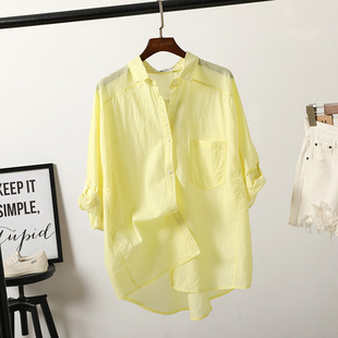 淡淡的柠檬黄薄款棉麻衬衫女五分袖宽松袖子可挽起韩版防晒衣