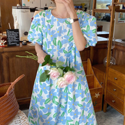 韩国chic夏季法式亮眼花朵圆领压褶收腰显瘦泡泡袖娃娃连衣裙长裙