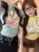辣妹卡通猫咪印花黄色，短袖t恤女夏季短款紧身显瘦多巴胺穿搭上衣