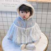 秋冬款女童宝宝中国风蕾丝拼接连帽斗篷婴儿加绒加厚披风防风外套