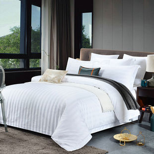 卡玛奴五星级全棉宾馆，四件套纯棉白色酒店，床上用品缎条加厚套件可