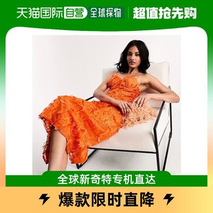 香港直邮潮奢asos女士，设计背心织纹，蕾丝橙色中长连衣裙