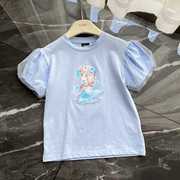 女童卡通公主T恤夏季泡泡袖蓝色上衣24女宝宝印花短袖圆领衫t