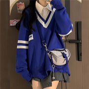 单件套装秋冬v领字母拼色毛衣针织衫女学生韩版+长袖衬衫两件套