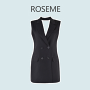 roseme何超莲同款西装马甲外套，2023夏季露背蝴蝶结黑色连衣裙