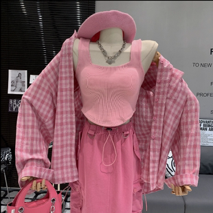 粉红格子衬衫外搭开衫外套女夏季防晒衫套装内搭小吊带背心两件套