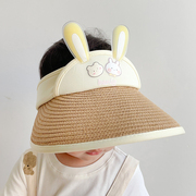 兔耳朵空顶宝宝防晒帽子，夏季婴儿太阳帽，男童女孩外出大檐遮阳草帽