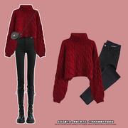 红色短款高领毛衣女(毛，衣女)秋冬法式气质，麻花加厚加绒保暖针织打底衫