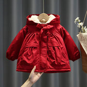 女宝宝冬装加绒红色外套冬季洋气儿童公主棉衣女小童外穿棉袄