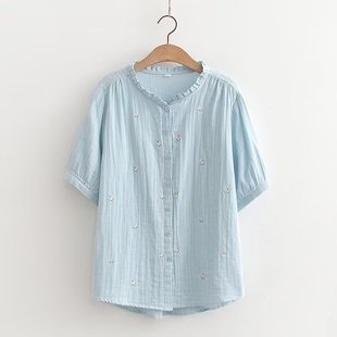 夏季日系小清新粉色花朵刺绣圆领短袖衬衫女棉纱白色蓝色衬衣