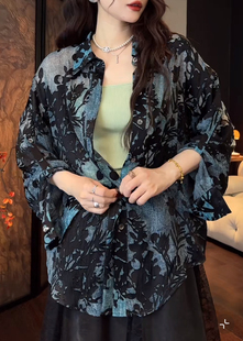 三吉黑花青藤国风新中式防晒人丝烧花衬衫上衣外套高级感轻奢