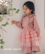 100-145韩国高端童装，暗红格大翻领雪纺，长袖连衣裙