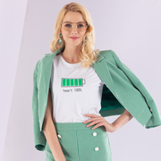 白领女士夏季丝光棉白色圆领短袖绿色电池图案T恤衫SIGMIAN18-208