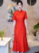 新中式酒红色连衣裙2024复古年轻款改良气质，长裙夏季送考旗袍