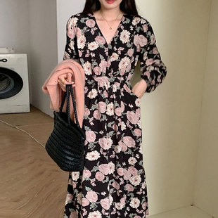 韩国chic复古洋气长袖针织开衫马甲，+v领花朵印花长袖连衣裙套装女