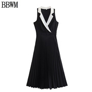 BBWM  欧美女装性感无袖撞色拼接西装领收腰百褶连衣裙