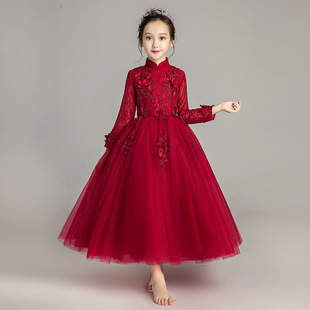 女童生日公主裙酒红色，长袖晚礼服蓬蓬纱，儿童钢琴演出服婚纱裙花童
