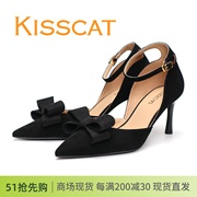 KISSCAT接吻猫2024春款细跟高跟鞋尖头黑色羊反绒蝴蝶结女鞋单鞋