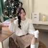 2024春季韩版女式 蕾丝花边拼接娃娃领白色洋气长袖衬衫