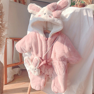 婴儿连体衣冬超萌婴儿服宝宝可爱兔，耳朵连帽爬服加绒厚外出毛毛衣(毛毛衣)