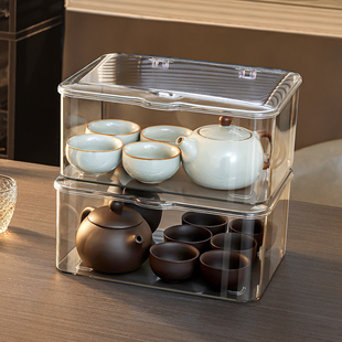 茶具收纳盒透明带盖防尘桌面，茶几整理茶壶茶杯，放茶叶碗杯子置物架