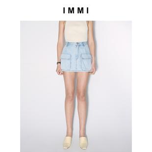 immi23夏季水洗，浅蓝牛仔工装口袋，短裙裤131sp019d
