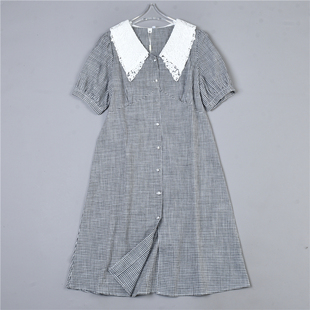 法式全棉碎格子连衣裙，42l78496韩版高腰修身翻领，单排扣短袖中长裙