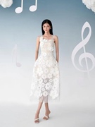 越南设计师重工气质蕾丝刺绣长裙白色宽吊带立体花朵连衣裙女