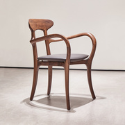设计师扶手椅北美黑胡桃木茶椅真皮，餐厅实木餐椅，轻奢原木高级书椅