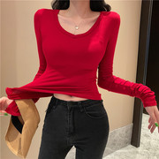 韩国时尚打底衫女修身性感紧身v领t恤长袖，低胸网红chic气质港风潮