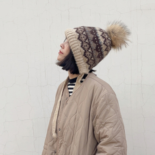 Spany韩国冬季毛线帽子女大毛球杂线包头针织帽加厚保暖潮