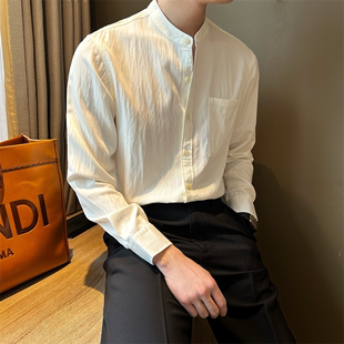 NR先生韩版休闲立领纯白色衬衫男士带口袋设计感简约轻奢风衬衣潮