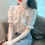 蝴蝶结短袖白色衬衫女夏季2023韩版洋气，设计感小众泡泡袖上衣