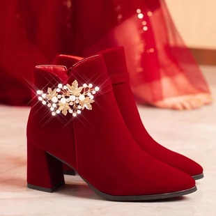 冬季婚鞋新娘鞋2023年高跟鞋女粗跟秀禾婚纱两穿红色结婚靴子