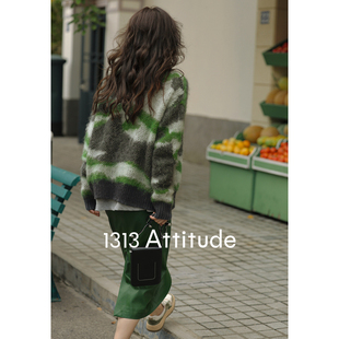 1313迷彩绿v领个性针织衫，开衫保暖软糯绒感宽松毛衣外套