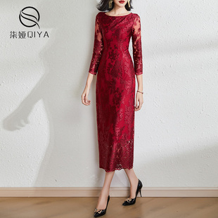 高端蕾丝绣花连衣裙女春季2024年时尚收腰显瘦中长款红色裙子